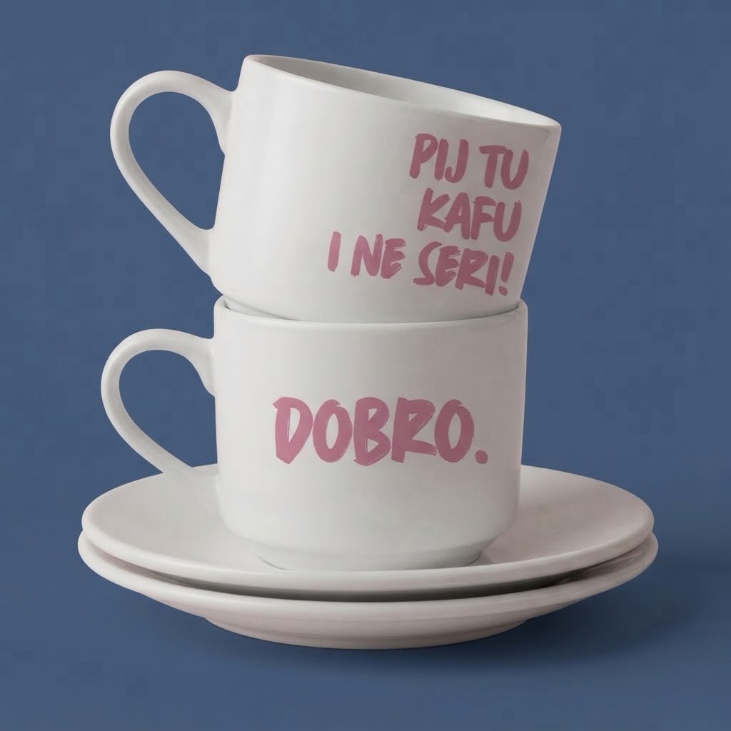Dve bele šolje sa tacnama, natpisi Pij tu kafu i ne seri i Dobro